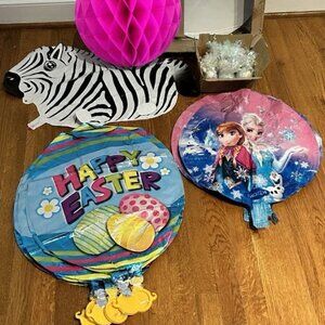 Easter Mylar Balloons, Frozen + Paper Magenta Honeycombs and Balloon Weights